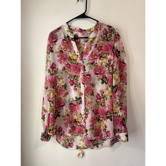 Kut From The Kloth Semi Sheer Floral Blouse Button Front Size Large Long Sleeve - Picture 1 of 5